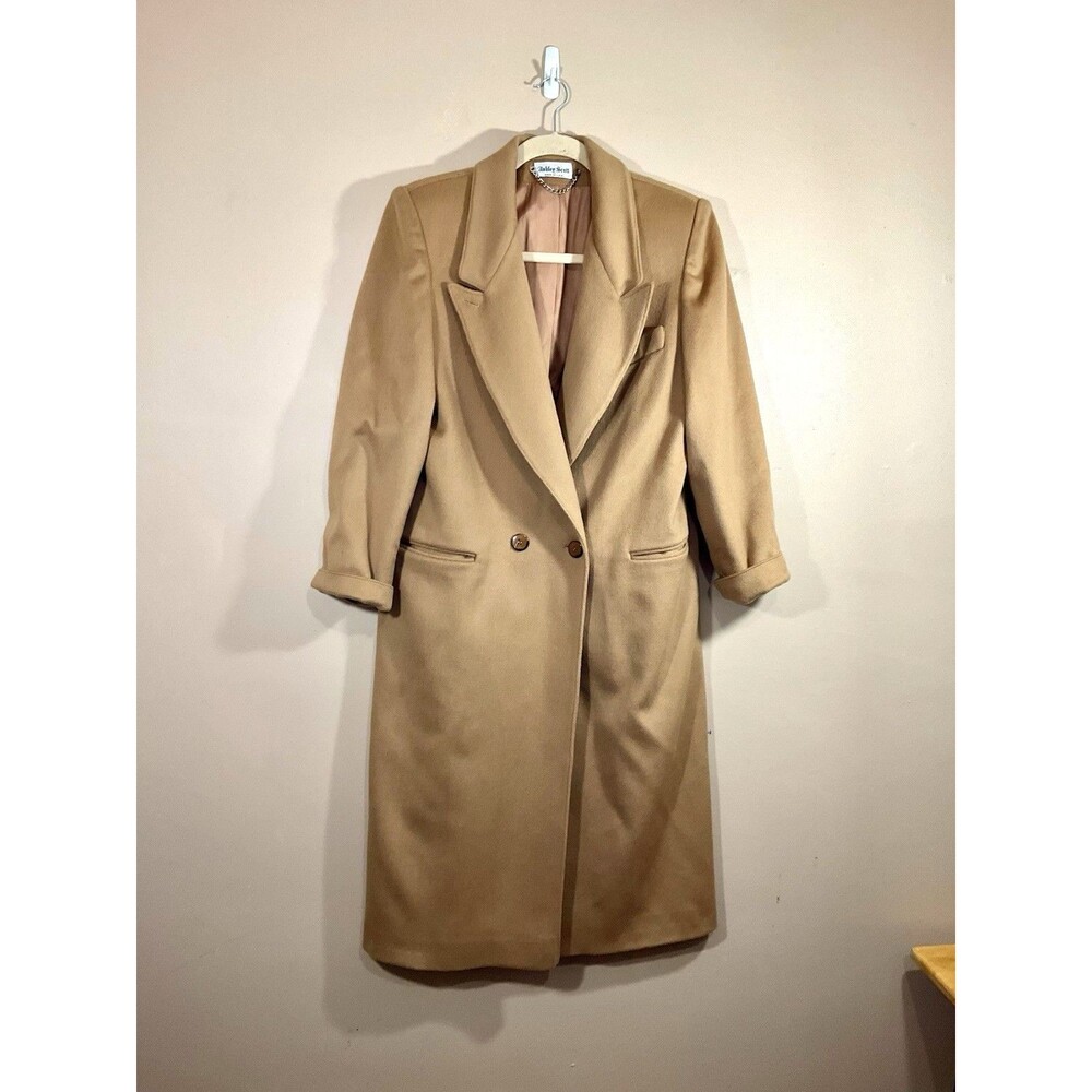 VTG Ashley Scott Wool Double Breasted Coat Womens M Tan Quiet Luxury Old Money